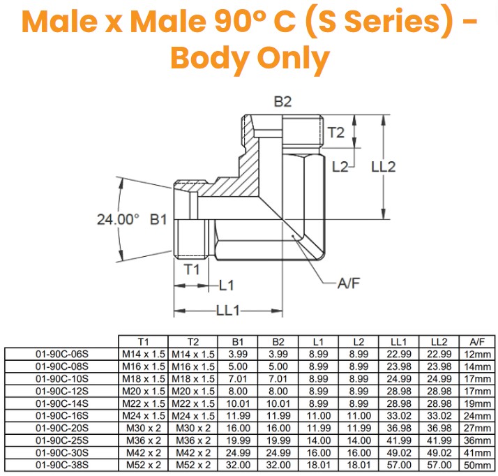 M14 (6S) M/M 90° Compact - Body Only Hydraulic Adaptor